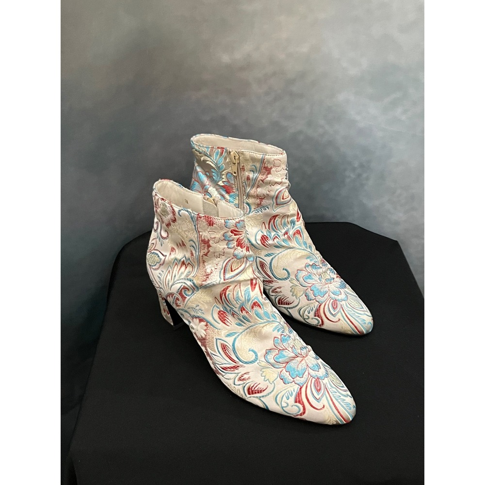 Floral Jacquard Ankle Boots Pointed Toe Kitten Heel Womens Size‎ 9M Party